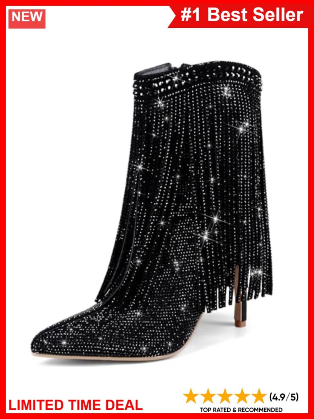 Faux Leather Rhinestone Fringe Ankle Boots Pointed Toe Stiletto Heel